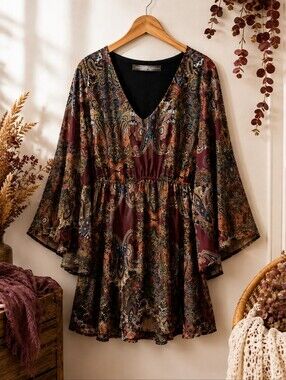 Signature Collection Paisley Boho Tunic Dress Burgundy Bell Sleeve 1X